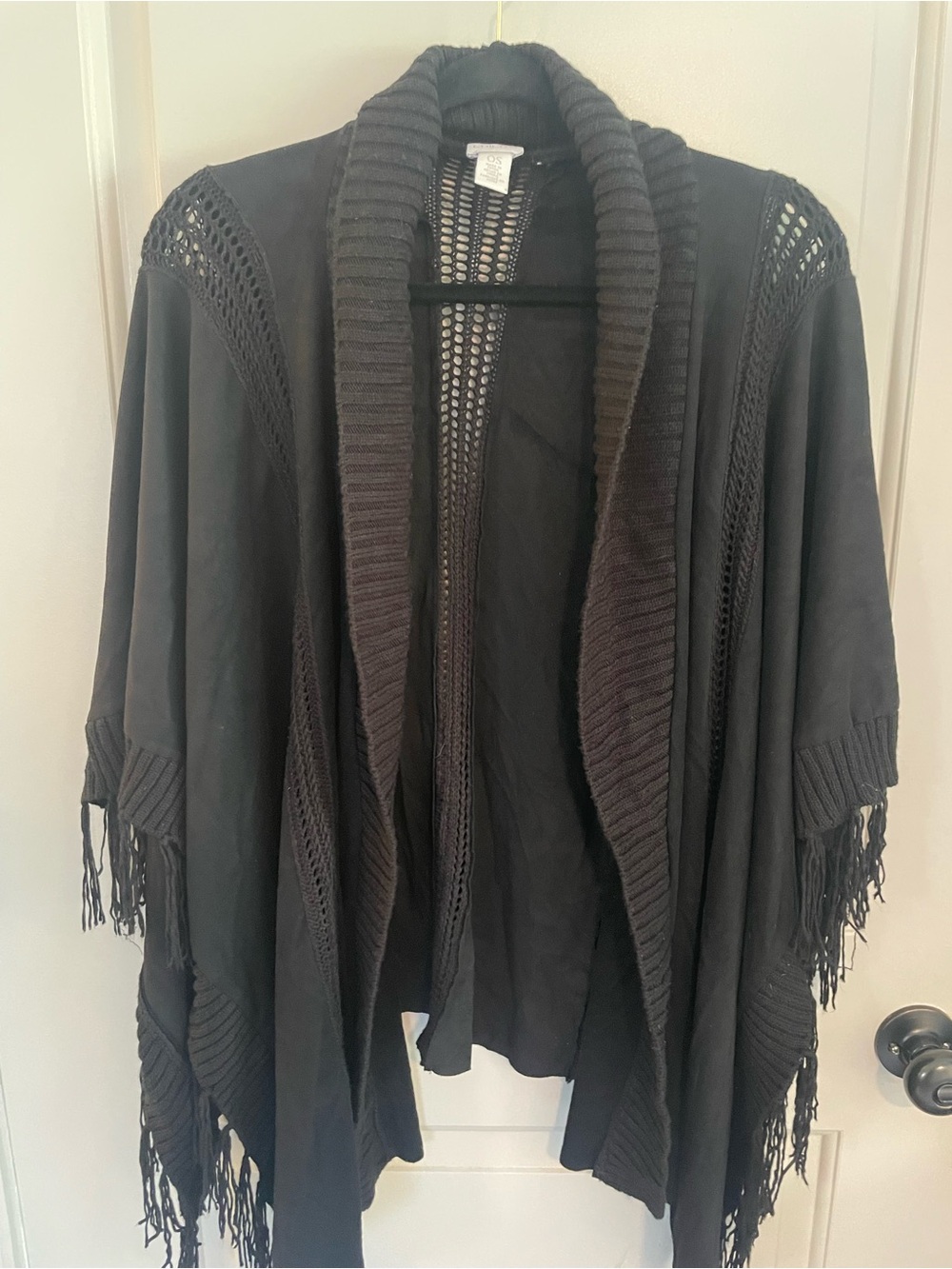 Chico's Black Open-Front Fringe Cape with Ribbed Shawl Collar